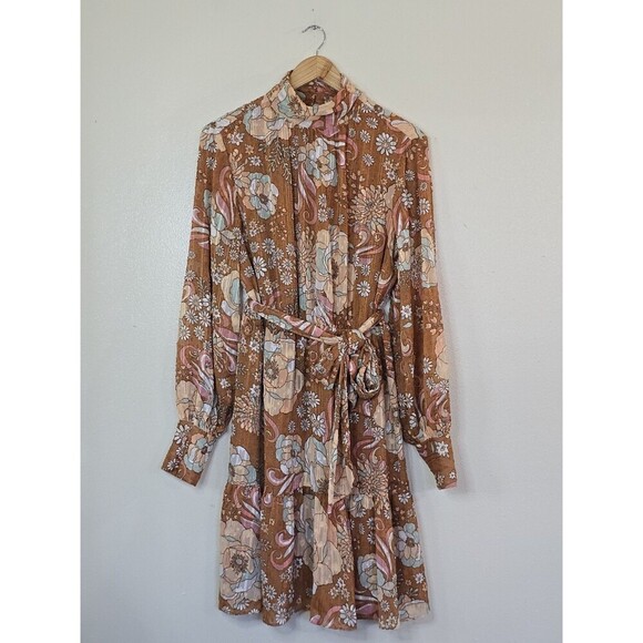 Ryegrass Long Sleeve Floral Modest Dress Womens Large Embroidered Shimmer - Picture 1 of 12